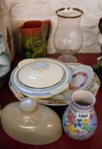 A small quantity of ceramics including Poole Pottery vase, majolica jug, stoneware hot water bottle,