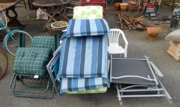 Two folding sun loungers - sold with two folding garden chairs, another and a white plastic stool
