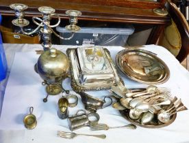 A box containing a quantity of silver plated items including twin branch three light candelabrum,