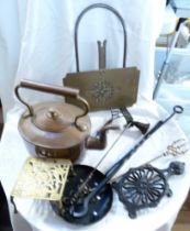 A box containing a quantity of assorted metalware including Victorian copper kettle, brass and