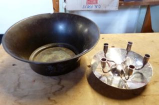 An old Chinese cast bronze bowl with moulded floral, bird and dragon decorations (a/f, missing feet)