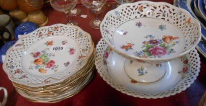 A quantity of Dresden porcelain including plates, bowl and a comport, each with pierced rims and