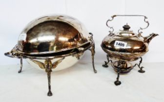 A silver plated spirit kettle on stand with burner - sold with a plated roll-top breakfast dish by