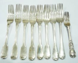 A set of six antique London silver fiddle pattern dinner forks - 1818-1819 - sold with three others