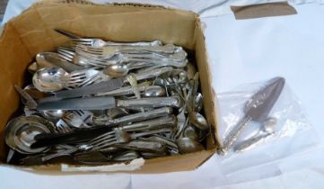 A box containing a large quantity of assorted silver plated and other cutlery including numerous