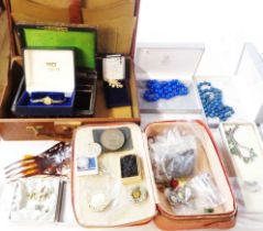 A box and a case containing assorted costume and hardstone bead jewellery, also other collectables