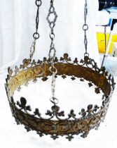 An antique brass hanging lamp of the Gothic style with ivy leaf frieze decoration