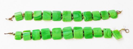 A pair of vintage Burmese pale green malachite panel-link bracelets