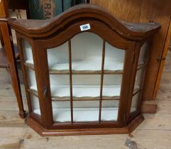 A 70cm vintage oak wall hanging display cabinet with break arch top and painted shelves enclosed