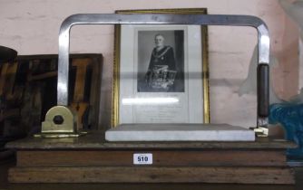 A Victorian cheese cutter with marble top, brass fittings and wooden base - plate to side marked for