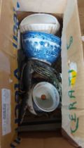 A box containing a quantity of ceramics and collectable items including Chinese bowls, horse