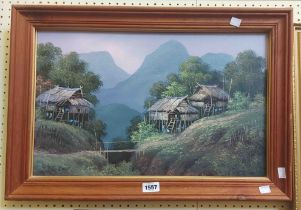 Jaew: a framed oil on canvas, depicting the Balinese countryside - signed