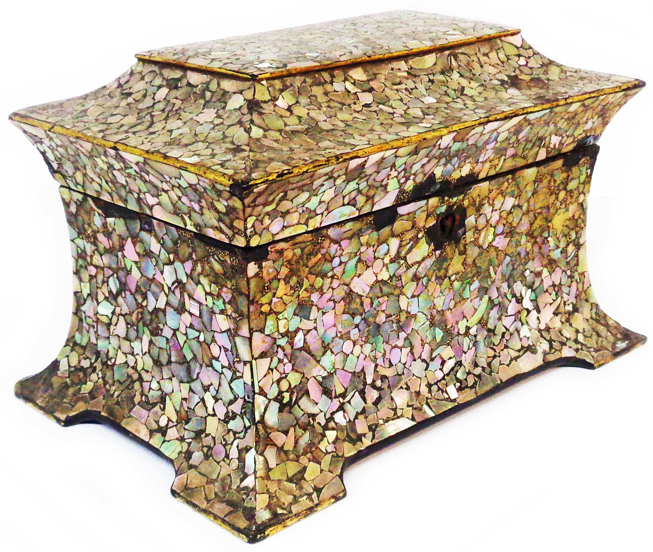 A Victorian Jennens & Bettridge papier-mâché mother-of-pearl chip decorated tea caddy - lid detached