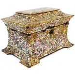 A Victorian Jennens & Bettridge papier-mâché mother-of-pearl chip decorated tea caddy - lid detached