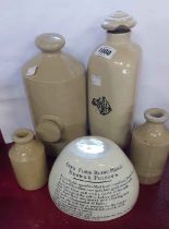 Two stoneware hot water bottles and two similar ink bottles - sold with a Brown & Polson's Blanc-
