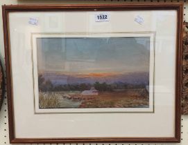 A framed watercolour, depicting a river landscape at dusk - R.A. framer's label verso