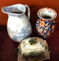 A 19th Century Japanese Imari vase (a/f) - sold with a pottery toilet jug and cheese dish (