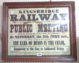 A framed 1869 Kingsbridge Railway Public Meeting Notice as a fundraiser for completion of the line