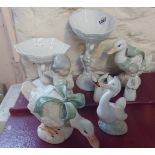 A small selection of ceramics including a Lladro angel figurine, figural shell comports, etc.