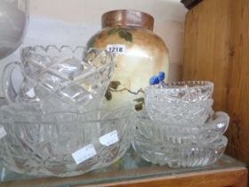 A quantity of glassware including bowls, jug, large hand painted opaque vase (a/f), etc.