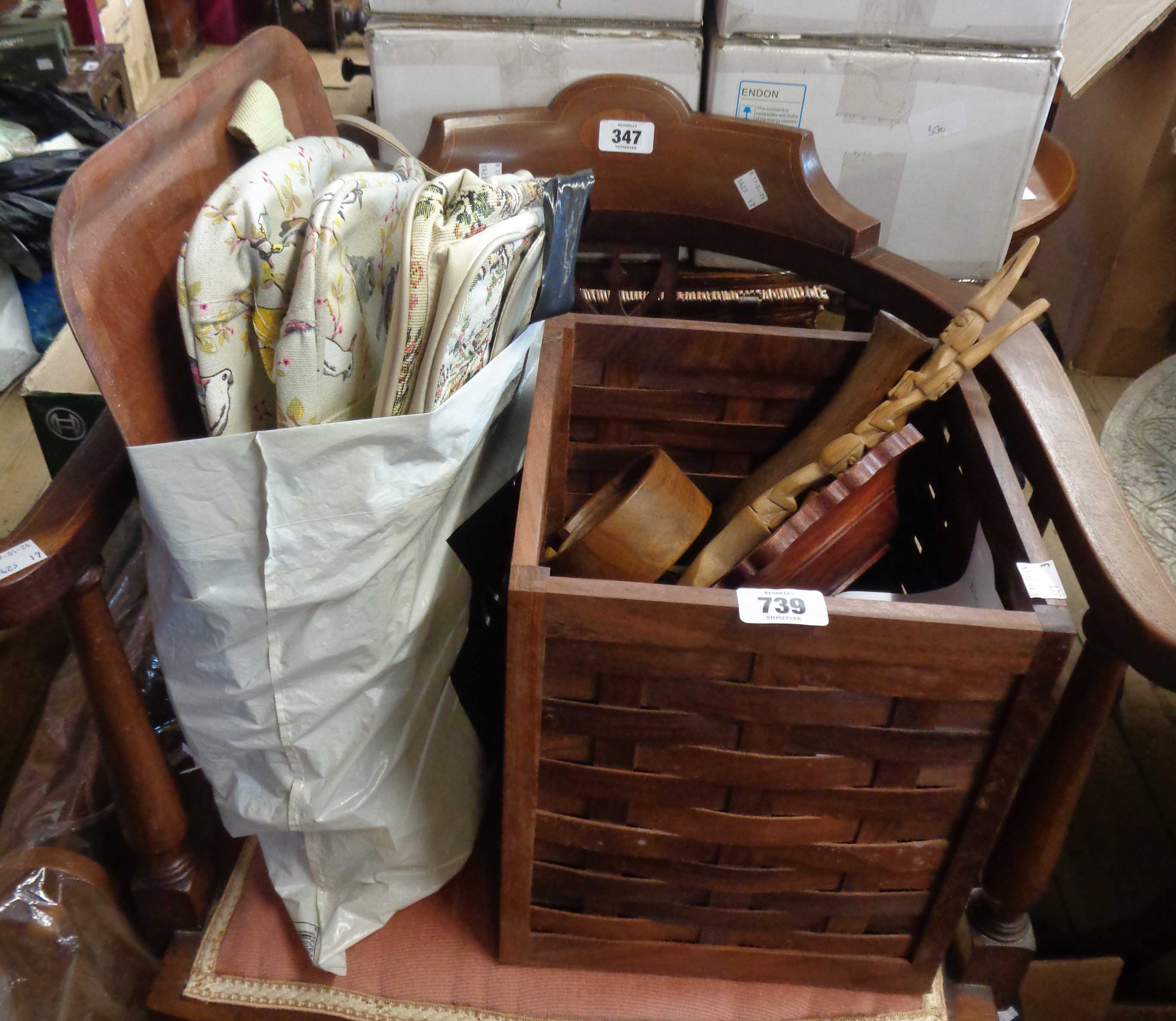 A wooden wastepaper basket containing a quantity of wooden items - sold with a magazine rack, two