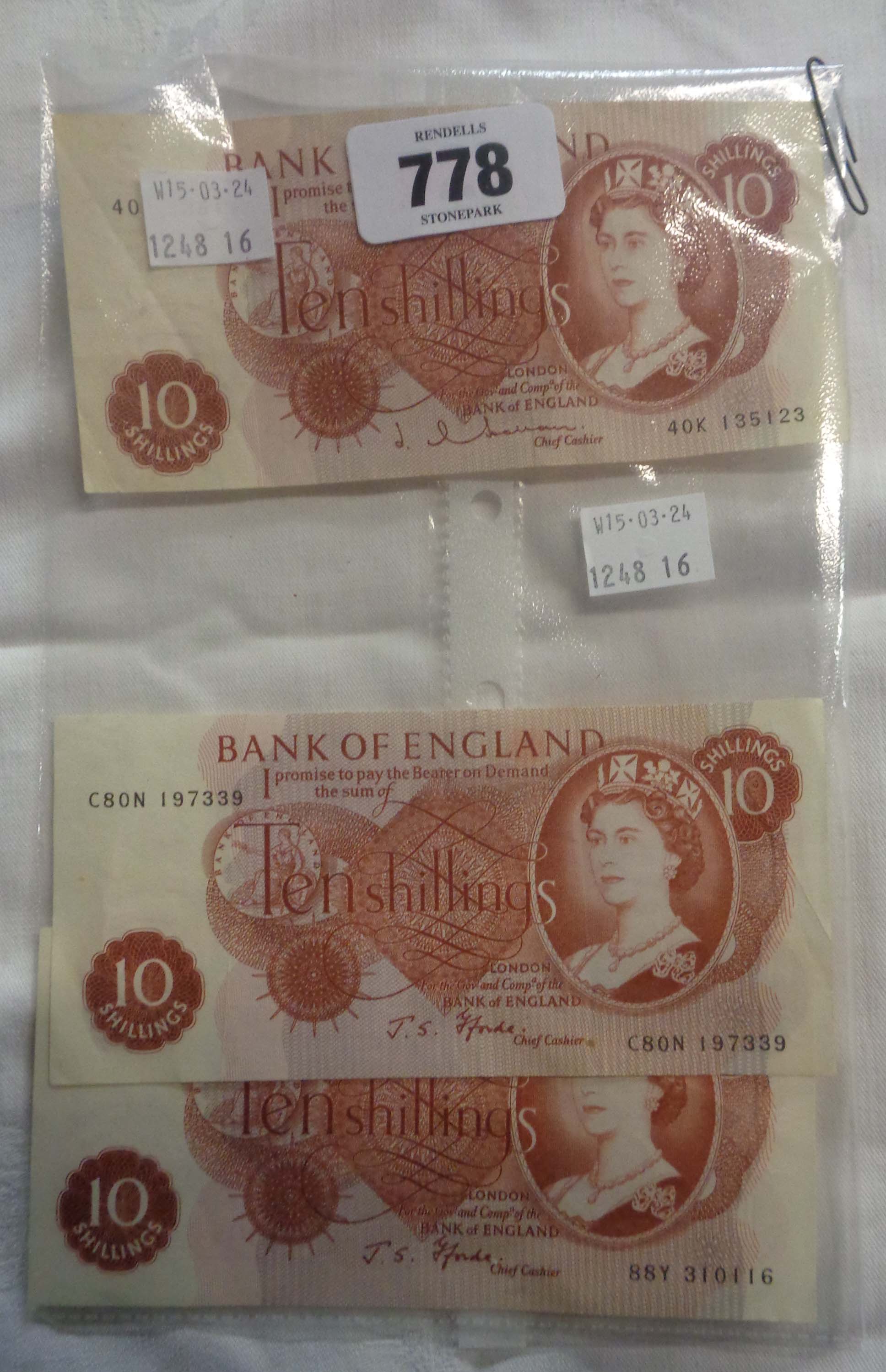 Three ten shilling banknotes comprising two Fforde and one Holman