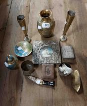 A quantity of metalware and other items including chased brass vases, enamel decorated urn and dish,
