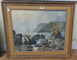 †Hugh Ridge: a vintage gilt and hessian framed oil on canvas, depicting coastal rocks - signed and
