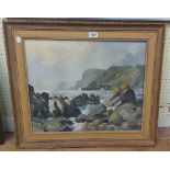 †Hugh Ridge: a vintage gilt and hessian framed oil on canvas, depicting coastal rocks - signed and