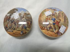 Two 19th Century Prattware jars with typical transfer printed lids, 'The Village Wedding' and 'The