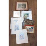 †E. van Goethem: three unframed mounted coloured prints - sold with two framed small original works,