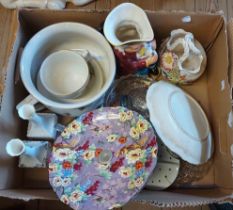 A box containing a quantity of ceramics including Crown Ducal Chintz decorated cake plate, musical