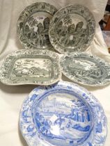 An early 19th Century Spode blue transfer printed dish, decorated in the City of Corinth pattern -