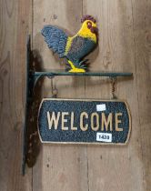 A modern painted cast iron cockerel welcome sign