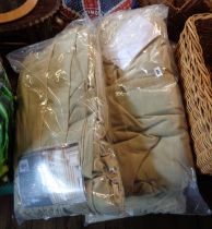 Five sets of beige velvet curtains and swags - sold with a bag containing green curtains