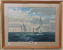 †Rowland Hilder: a framed watercolour, depicting racing sailing vessels - signed - 37cm X 51cm