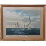 †Rowland Hilder: a framed watercolour, depicting racing sailing vessels - signed - 37cm X 51cm