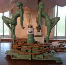 An Art Deco green painted metal table lamp by Frankarl, depicting two nude posing ladies - a/f