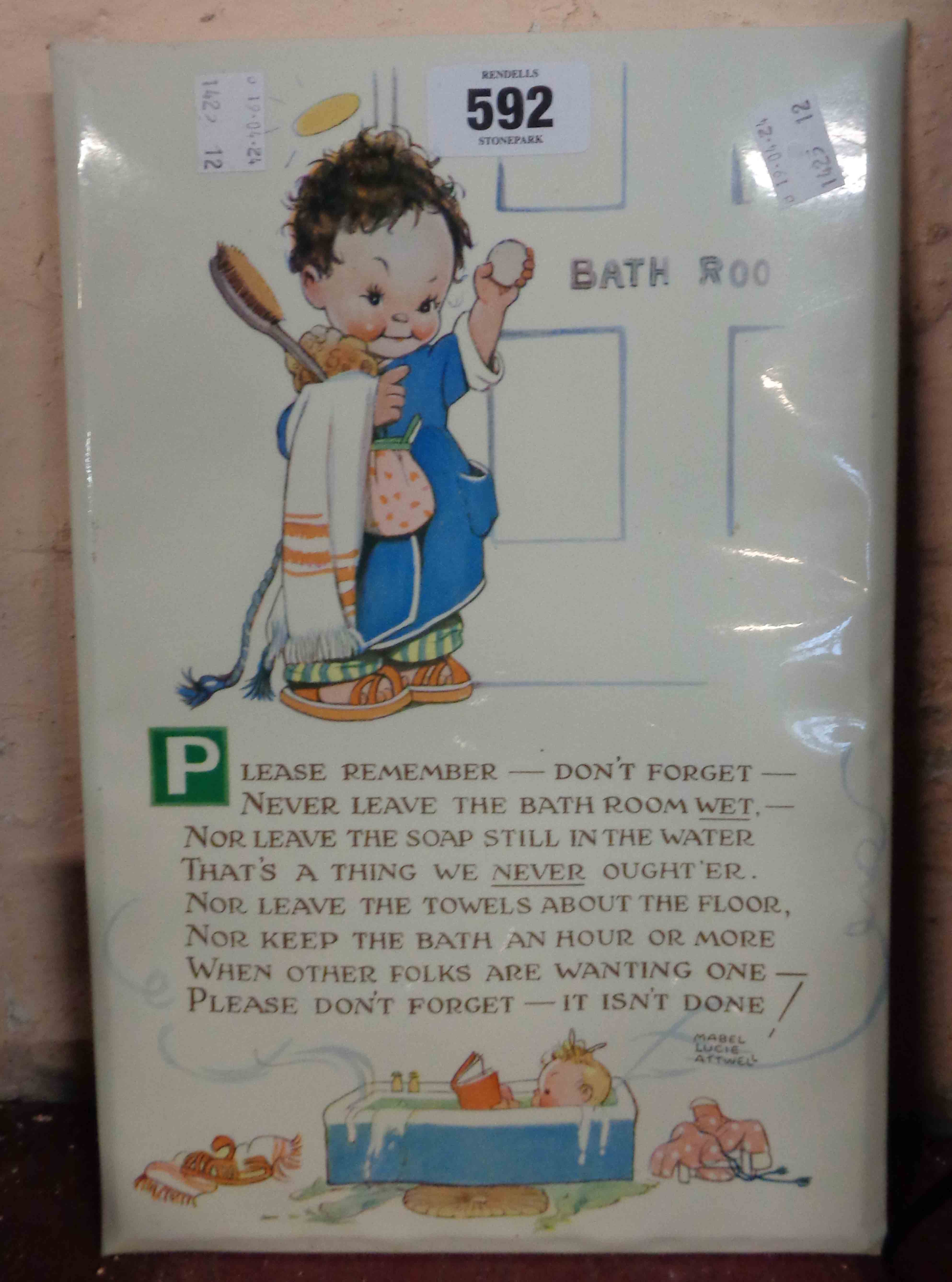 A vintage bathroom sign illustrated by Mabel Lucie Attwell with a short poem of bathroom rules