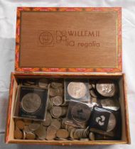 A wooden cigar box containing a collection of 20th Century GB cupro-nickel coinage, also