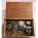 A wooden cigar box containing a collection of 20th Century GB cupro-nickel coinage, also