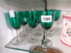 Nine Edwardian green bowl wine glasses