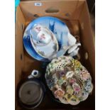 A box containing a quantity of ceramics including green majolica leaf plates, etc.