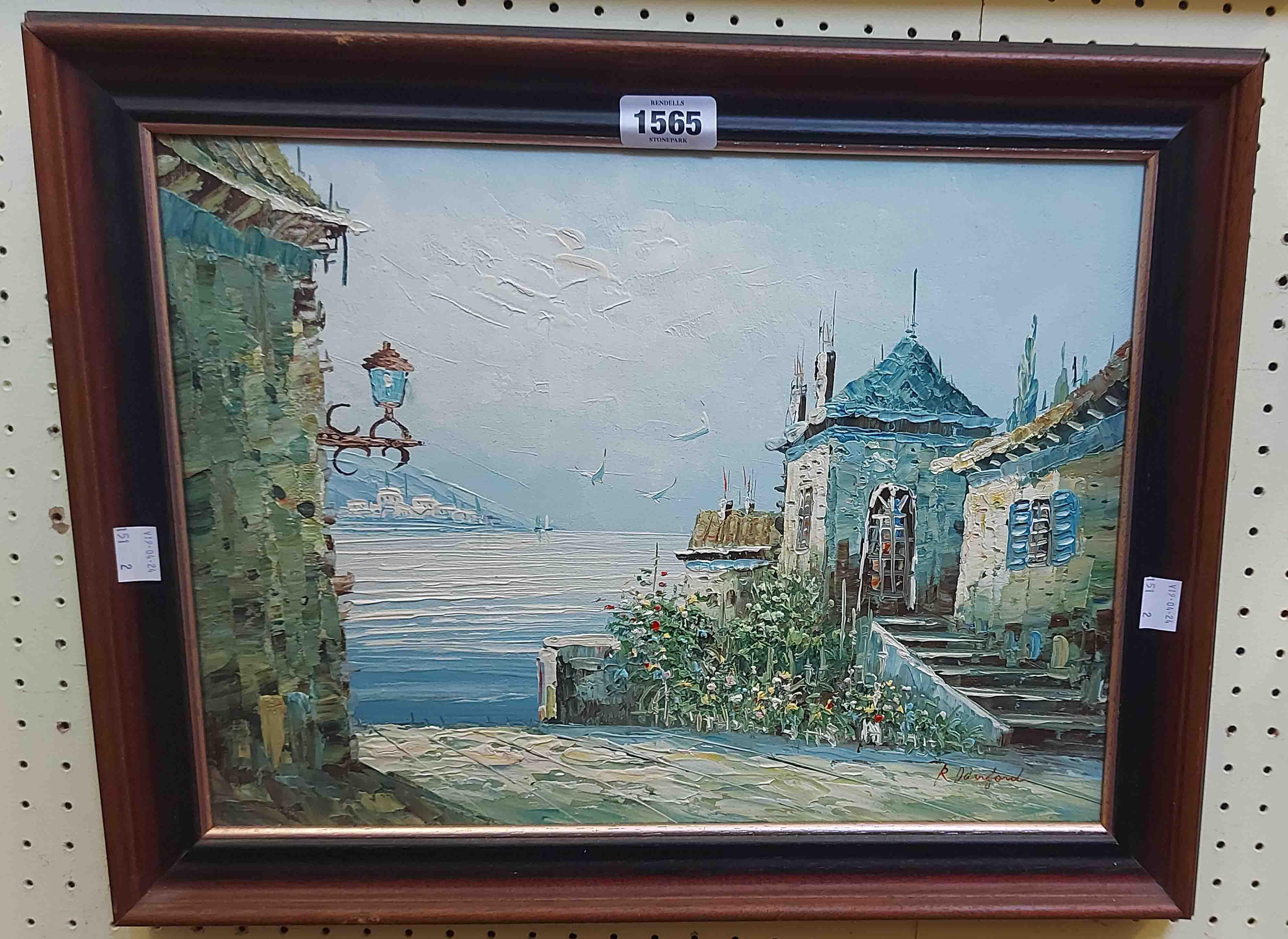 R. Dunford: a framed oil on canvas, depicting coastal buildings - signed - 29cm X 40cm