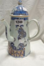 An antique Chinese porcelain coffee pot with blue and puce hand painted decoration and gilt