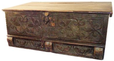 A73cm 18th Century oak lift-top bible box with carved decoration to front and long drawer under -