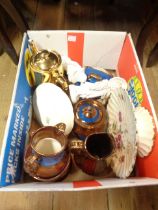 A box containing antique and other ceramics including lustre ware, pair of figurines, etc.