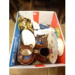 A box containing antique and other ceramics including lustre ware, pair of figurines, etc.