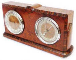 A 1930's figured walnut cased desk timepiece/barometer with later platform escapement and aneroid