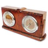 A 1930's figured walnut cased desk timepiece/barometer with later platform escapement and aneroid